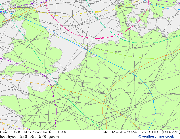 Hoogte 500 hPa Spaghetti ECMWF ma 03.06.2024 12 UTC