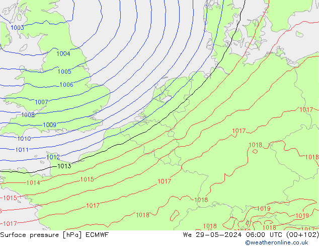 Luchtdruk (Grond) ECMWF wo 29.05.2024 06 UTC