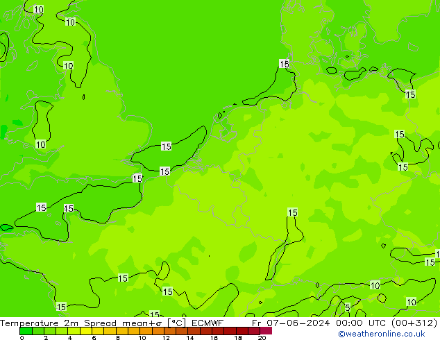 Temperatura 2m Spread ECMWF Sex 07.06.2024 00 UTC
