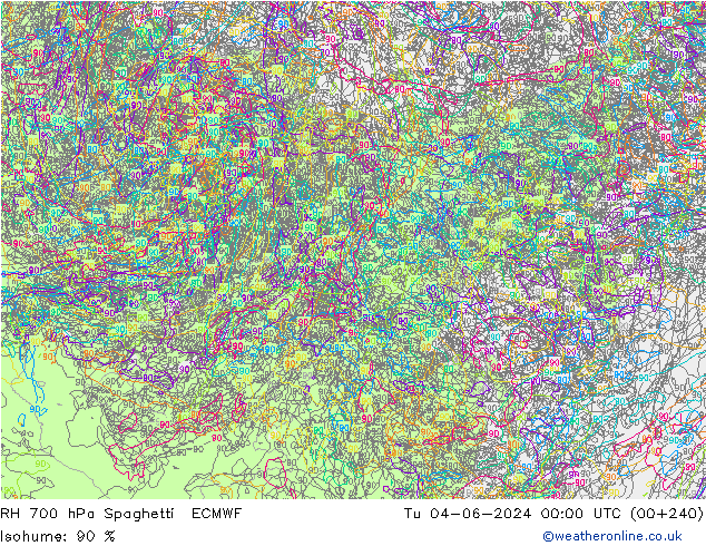 RH 700 hPa Spaghetti ECMWF Tu 04.06.2024 00 UTC