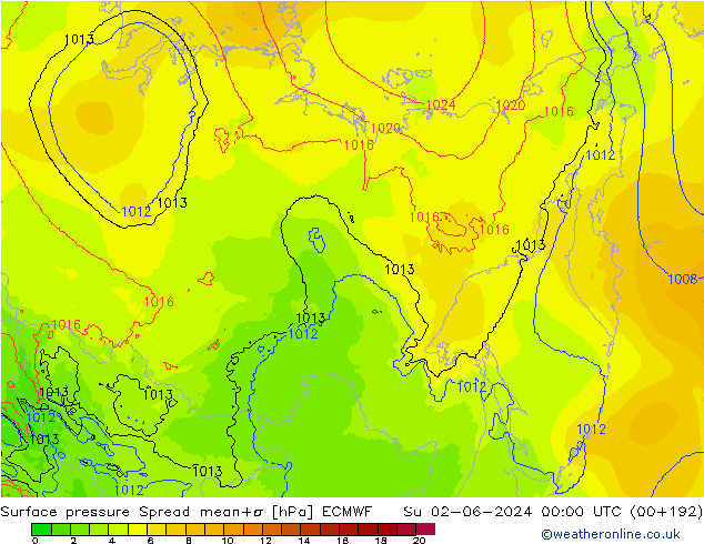 Luchtdruk op zeeniveau Spread ECMWF zo 02.06.2024 00 UTC