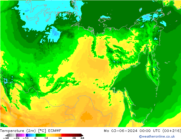 Temperatura (2m) ECMWF Seg 03.06.2024 00 UTC