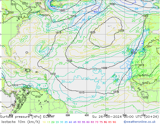 Isotaca (kph) ECMWF dom 26.05.2024 00 UTC