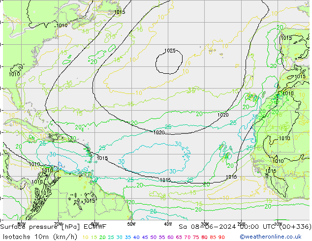 Isotachs (kph) ECMWF Sa 08.06.2024 00 UTC