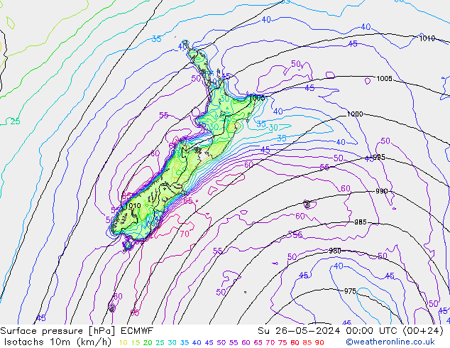 Isotachs (kph) ECMWF dom 26.05.2024 00 UTC