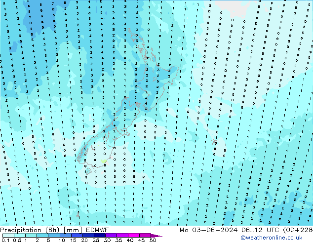 Precipitation (6h) ECMWF Mo 03.06.2024 12 UTC