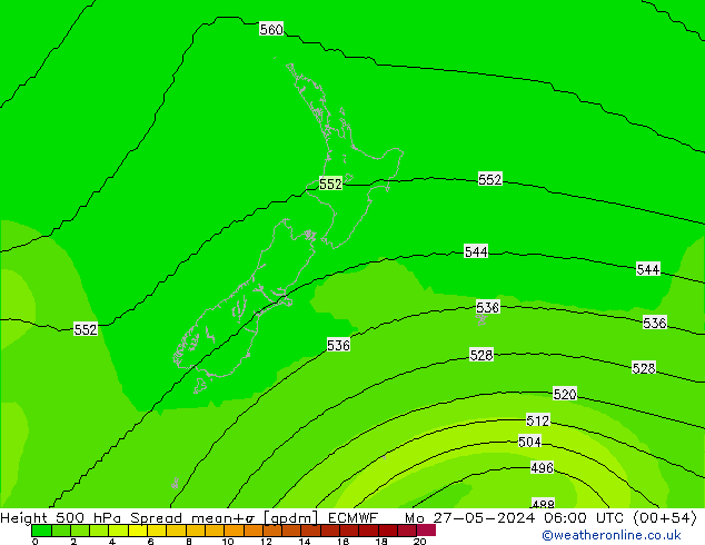 Height 500 hPa Spread ECMWF pon. 27.05.2024 06 UTC