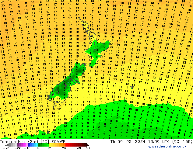 mapa temperatury (2m) ECMWF czw. 30.05.2024 18 UTC