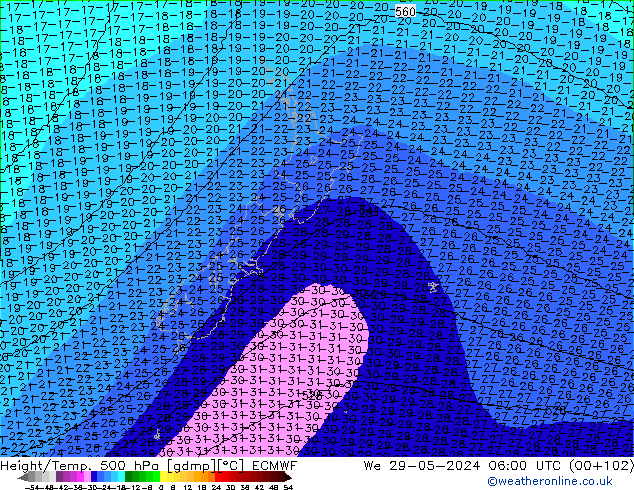 Height/Temp. 500 hPa ECMWF Mi 29.05.2024 06 UTC