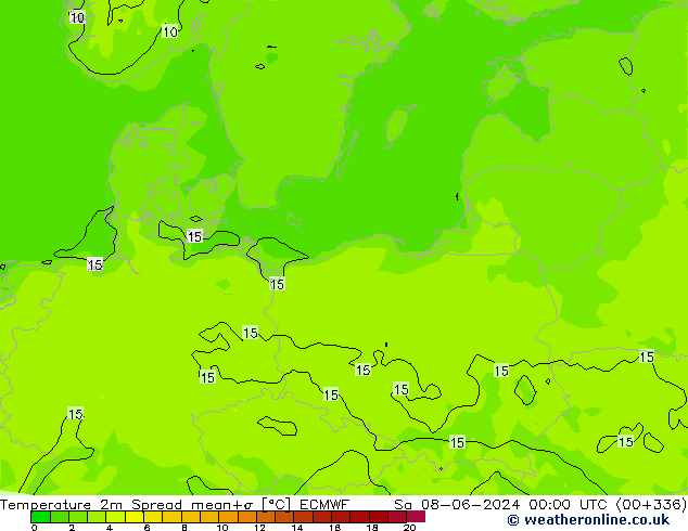 mapa temperatury 2m Spread ECMWF so. 08.06.2024 00 UTC
