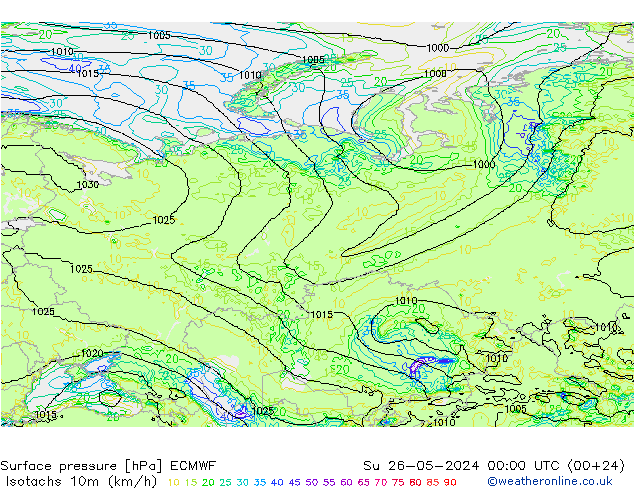 Eşrüzgar Hızları (km/sa) ECMWF Paz 26.05.2024 00 UTC