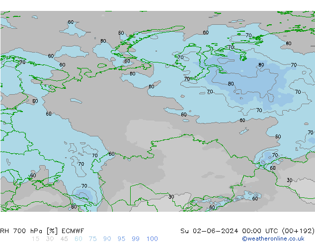 Humedad rel. 700hPa ECMWF dom 02.06.2024 00 UTC