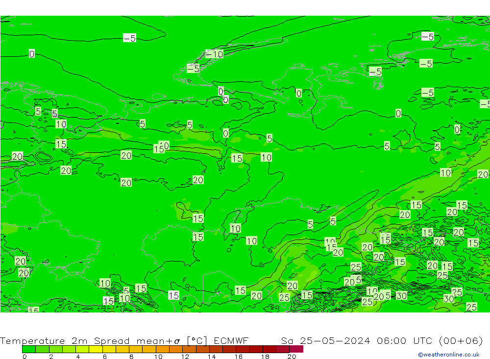 Temperatura 2m Spread ECMWF sab 25.05.2024 06 UTC