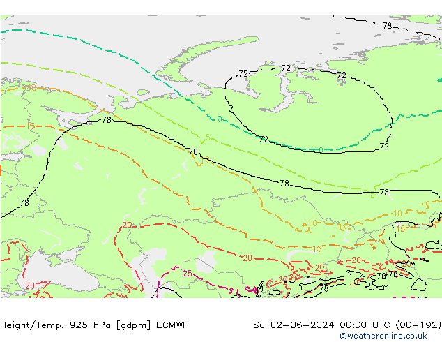 Height/Temp. 925 hPa ECMWF Su 02.06.2024 00 UTC