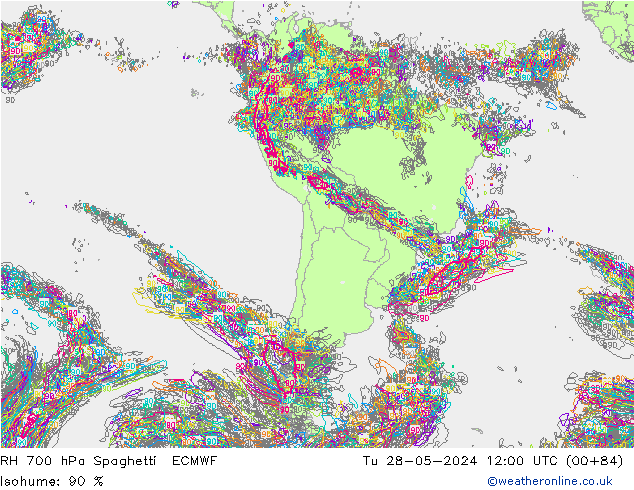 RH 700 hPa Spaghetti ECMWF Tu 28.05.2024 12 UTC