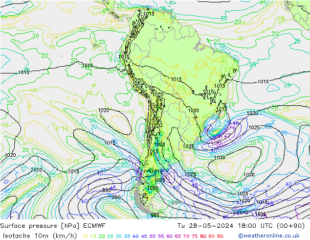 Isotachs (kph) ECMWF mar 28.05.2024 18 UTC