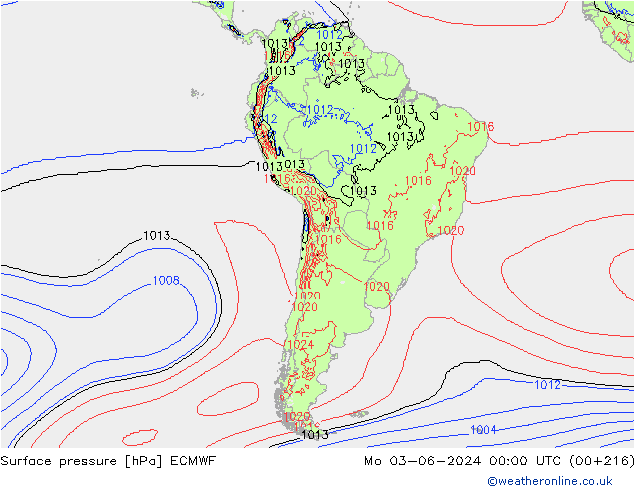 Presión superficial ECMWF lun 03.06.2024 00 UTC