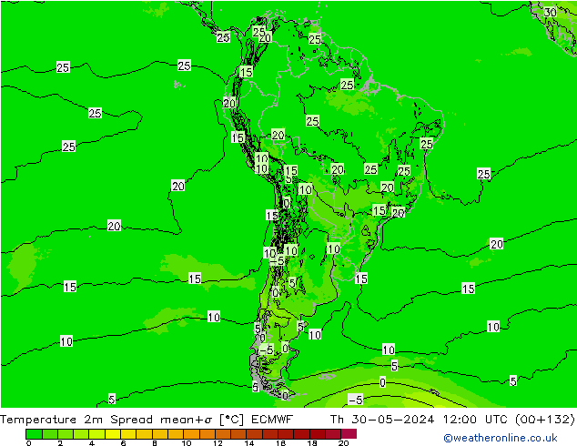 Temperature 2m Spread ECMWF Čt 30.05.2024 12 UTC