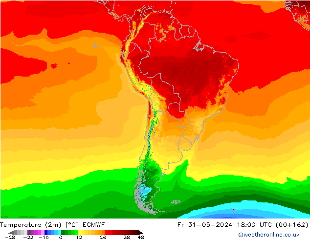 mapa temperatury (2m) ECMWF pt. 31.05.2024 18 UTC