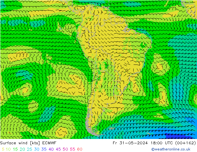 wiatr 10 m ECMWF pt. 31.05.2024 18 UTC