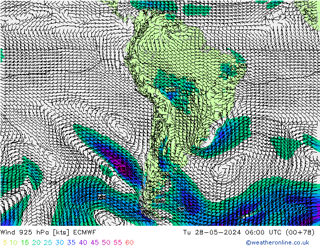 wiatr 925 hPa ECMWF wto. 28.05.2024 06 UTC