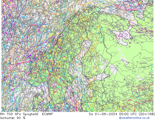 RH 700 hPa Spaghetti ECMWF Sa 01.06.2024 00 UTC