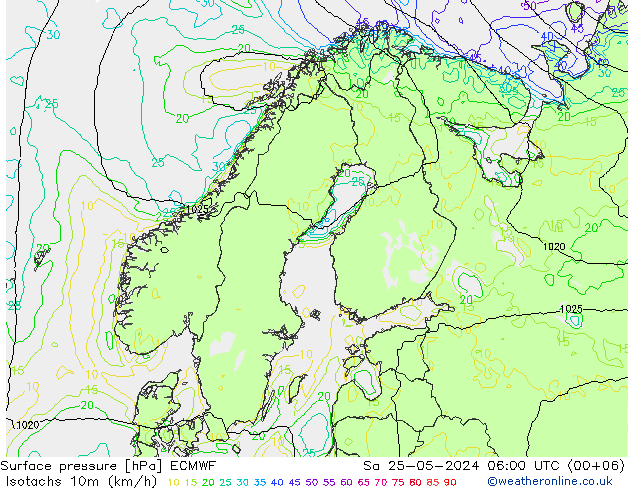 Isotachs (kph) ECMWF сб 25.05.2024 06 UTC