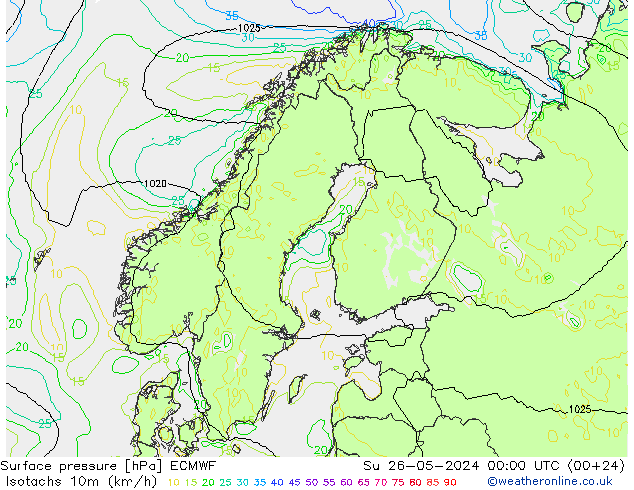 Eşrüzgar Hızları (km/sa) ECMWF Paz 26.05.2024 00 UTC