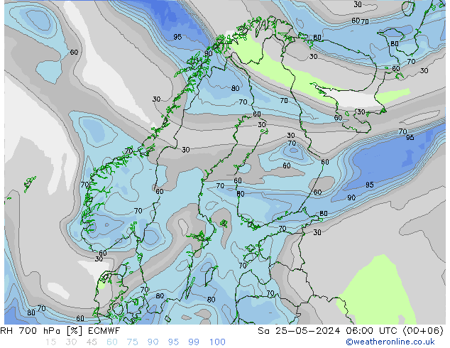 RH 700 hPa ECMWF sab 25.05.2024 06 UTC