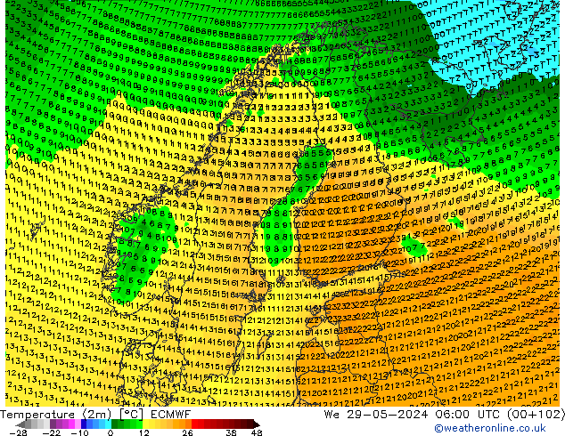 Temperature (2m) ECMWF We 29.05.2024 06 UTC