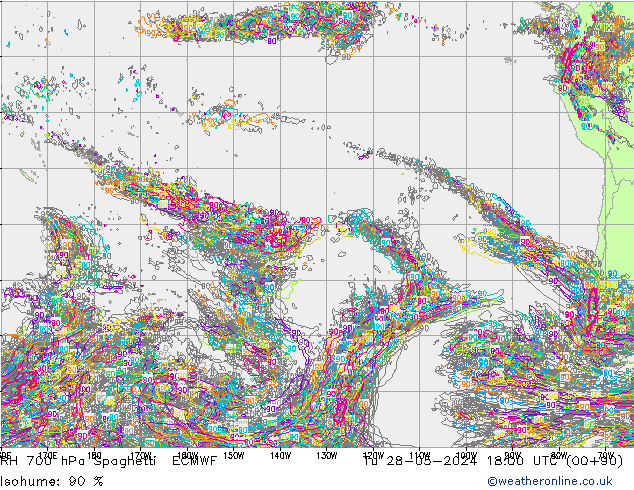 RH 700 hPa Spaghetti ECMWF  28.05.2024 18 UTC