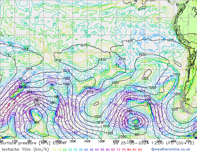 Isotachs (kph) ECMWF  25.05.2024 12 UTC