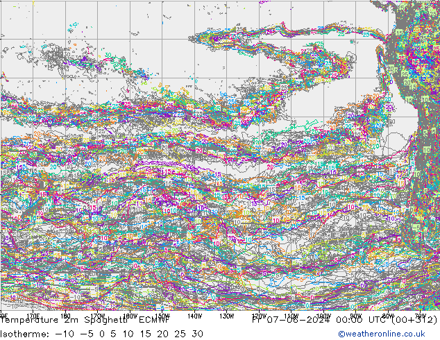 Temperatura 2m Spaghetti ECMWF Sex 07.06.2024 00 UTC