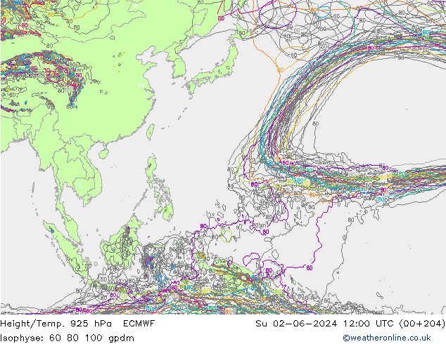 Height/Temp. 925 hPa ECMWF Su 02.06.2024 12 UTC