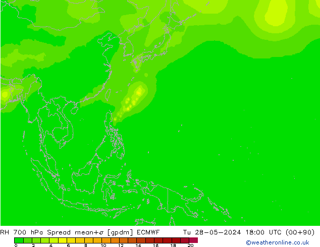 RH 700 hPa Spread ECMWF Tu 28.05.2024 18 UTC