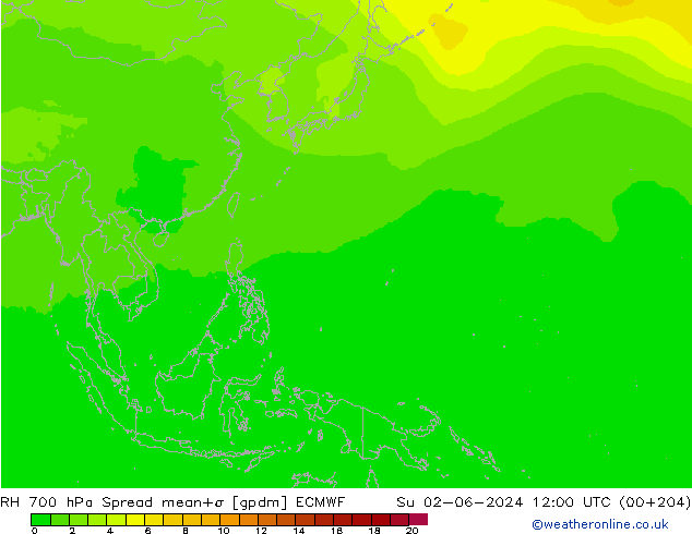 RH 700 hPa Spread ECMWF Su 02.06.2024 12 UTC