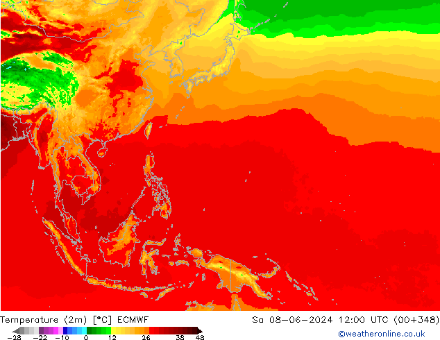 mapa temperatury (2m) ECMWF so. 08.06.2024 12 UTC