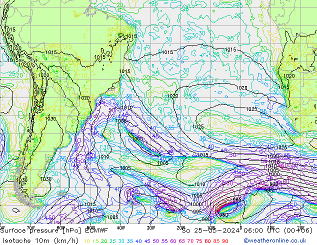 Isotachen (km/h) ECMWF Sa 25.05.2024 06 UTC