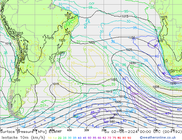 Izotacha (km/godz) ECMWF nie. 02.06.2024 00 UTC