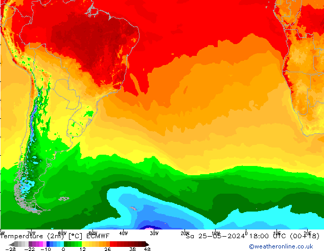 Temperatuurkaart (2m) ECMWF za 25.05.2024 18 UTC