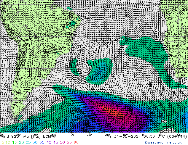 wiatr 925 hPa ECMWF pt. 31.05.2024 00 UTC