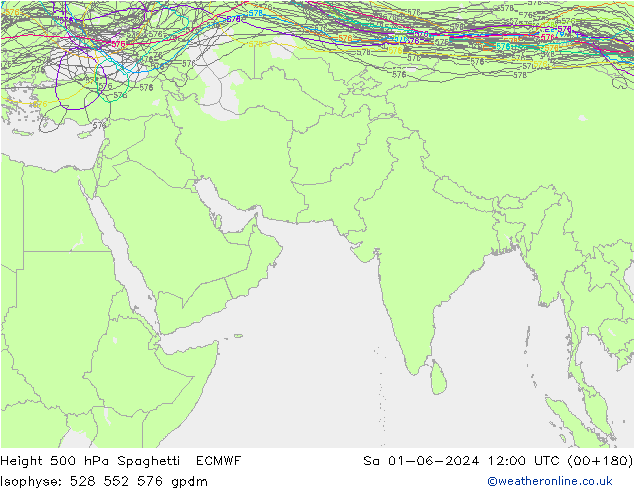 Height 500 гПа Spaghetti ECMWF сб 01.06.2024 12 UTC