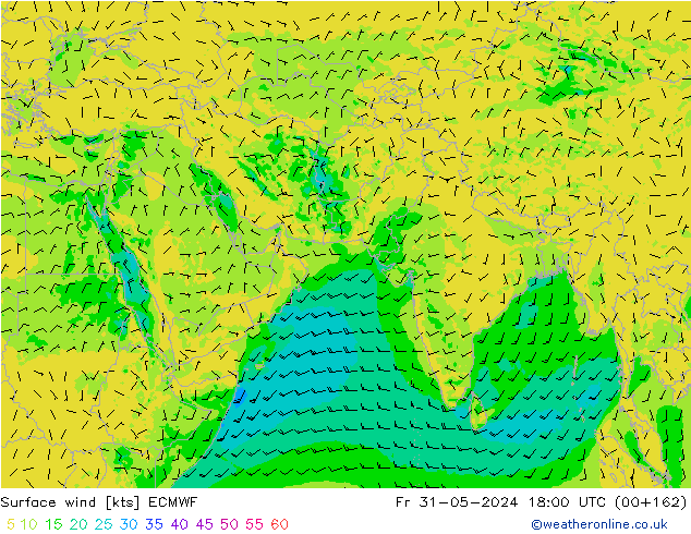 Rüzgar 10 m ECMWF Cu 31.05.2024 18 UTC