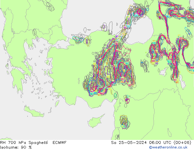 RH 700 hPa Spaghetti ECMWF sab 25.05.2024 06 UTC