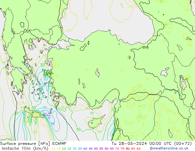 Isotachs (kph) ECMWF Út 28.05.2024 00 UTC