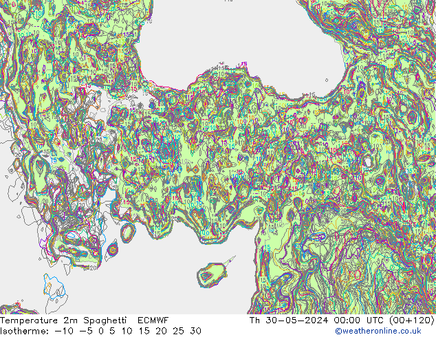 Temperature 2m Spaghetti ECMWF Th 30.05.2024 00 UTC