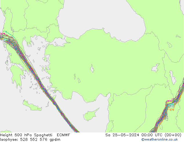 Height 500 гПа Spaghetti ECMWF сб 25.05.2024 00 UTC