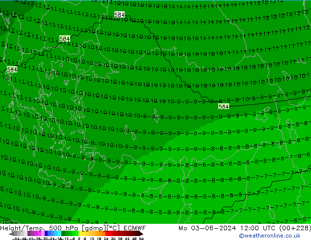 Hoogte/Temp. 500 hPa ECMWF ma 03.06.2024 12 UTC