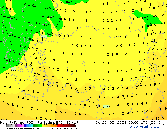 Height/Temp. 700 hPa ECMWF Ne 26.05.2024 00 UTC