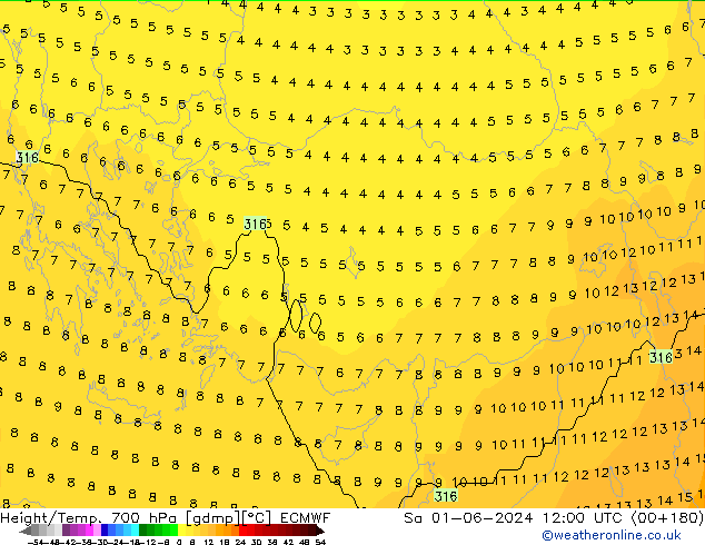 Yükseklik/Sıc. 700 hPa ECMWF Cts 01.06.2024 12 UTC